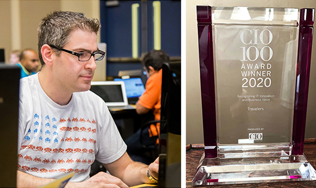 Left: Man wearing a retro video game t-shirt working on a laptop. Right: CIO 100 Award Winner 2020 trophy for Travelers, recognizing IT innovation and business value.