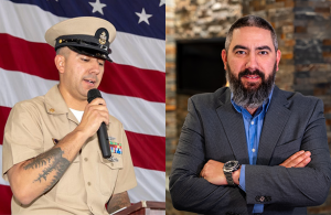 U.S. Navy Veteran Zack Maxey in uniform and now at Travelers.