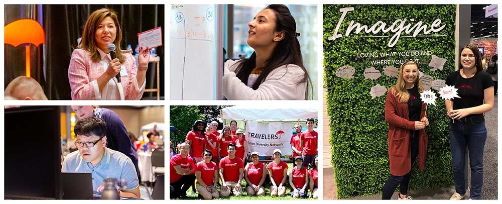 Collage of Travelers employees: woman speaking at an event, woman writing on a whiteboard, two women posing in front of an 'Imagine' wall, man focused at a computer, and a group in red 'Travelers Asian Diversity Network' shirts posing outdoors.