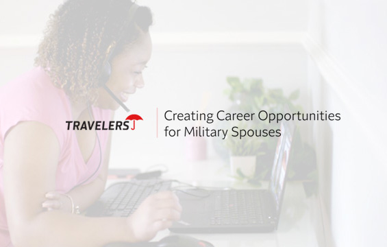 A person working on a laptop in a home office, with the Travelers logo and text 