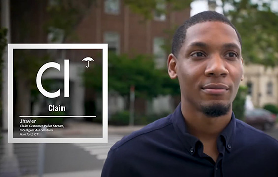 Profile image of Jhavier L. with text Claim. Jhavier, Claim Customer Value Stream, Intelligent Automation, Hartford, CT.