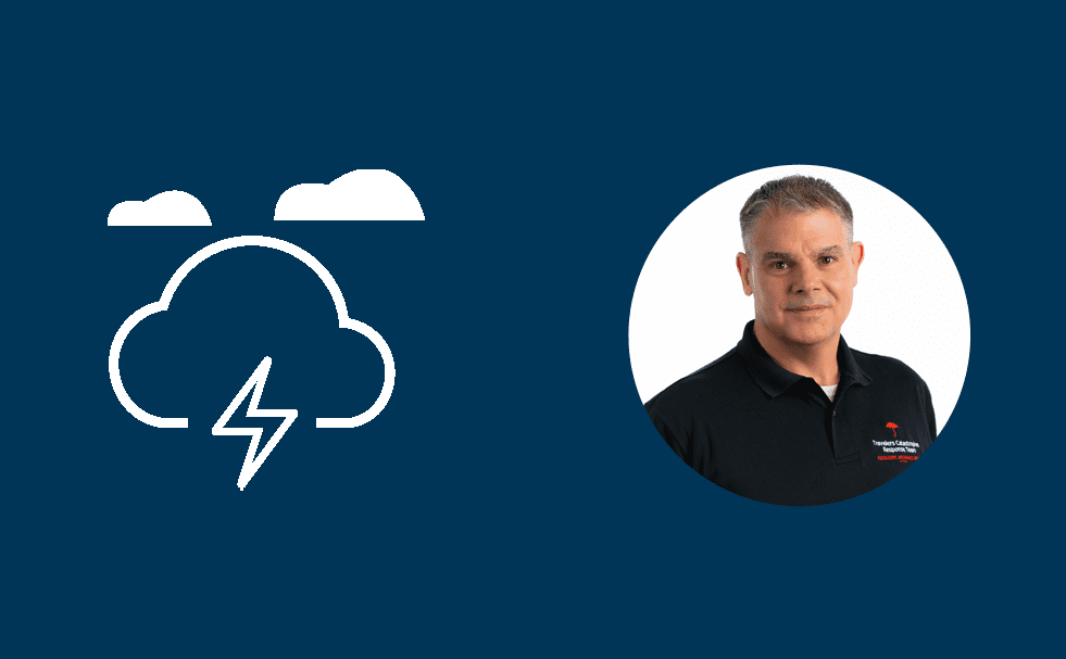 Image with a dark blue background featuring weather-related icons on the left, including clouds and a lightning bolt, indicating stormy weather. On the right, there is a circular profile photo of a middle-aged man with short gray hair, wearing a black polo shirt.