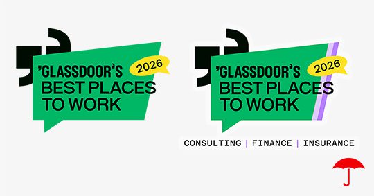 Two Glassdoor's Best Places to Work 2026 award logos displayed side by side on a light background. The logos feature green speech bubble designs with black text and yellow '2026' banners. Below the logos is text reading 'CONSULTING | FINANCE | INSURANCE' and a red umbrella icon appears in the bottom right corner.