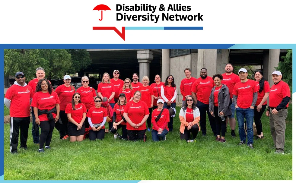 Disability-Allies-Diversity-Network Disability & Allies Diversity Network. Group of employees in red Travelers shirts posing outdoors.