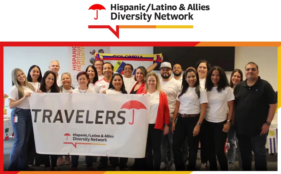 Hispanic-Latino-Allies-Diversity-Network Hispanic Latino & Allies Diversity Network. Group of employees holding a Travelers banner at an event.